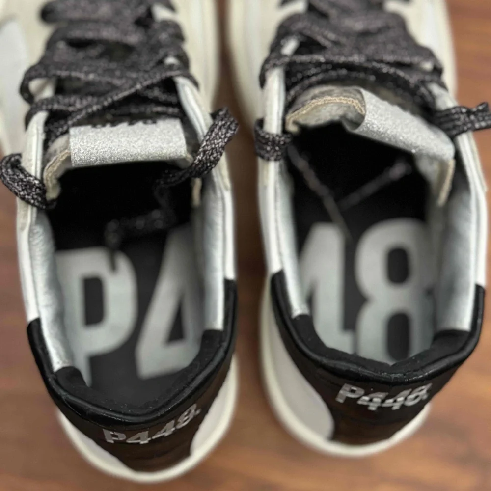 P448 Thea Platform Sneakers White Metallic Leather and Suede Size 37‎